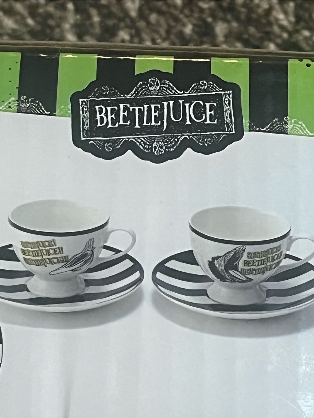 Beetlejuice Black & White Striped Teacup and Saucer Set. New. Halloween.